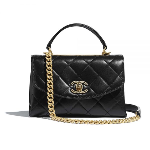 Chanel Women Flap Bag with Top Handle in Lambskin Leather-Black