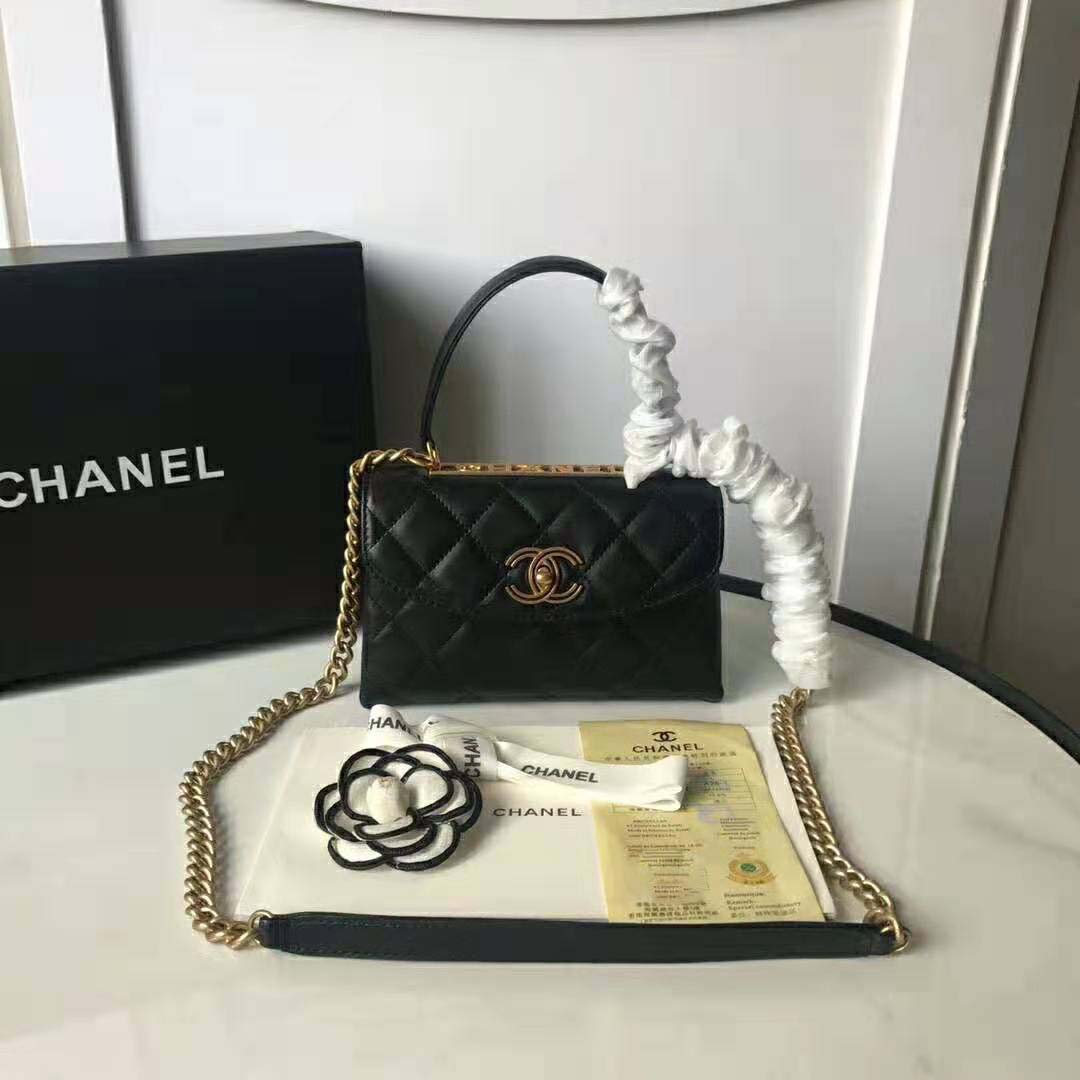 Chanel Women Flap Bag with Top Handle in Lambskin Leather-Black - LULUX