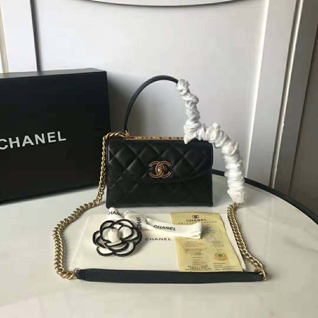 Flap bag with top handle, Lambskin, black — Fashion | CHANEL