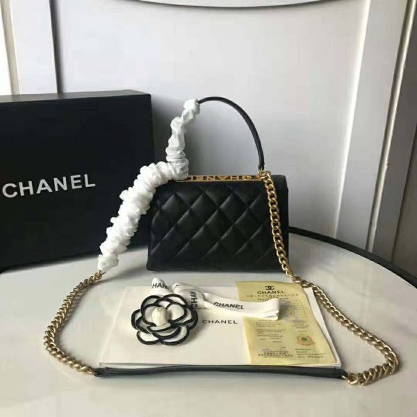 Chanel Women Flap Bag with Top Handle in Lambskin Leather-Black (4)