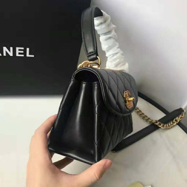 Chanel Women Flap Bag with Top Handle in Lambskin Leather-Black (5)