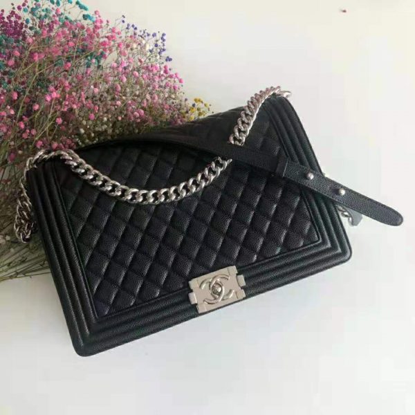 Chanel Women Large Boy Chanel Handbag in Calfskin Leather-Black (10)