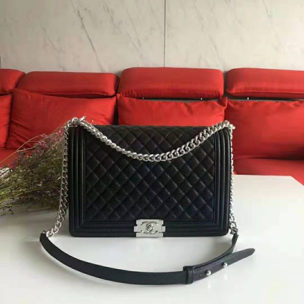Chanel Women Large Boy Chanel Handbag in Calfskin Leather-Black (2)