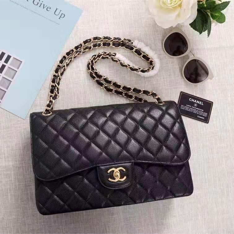 Chanel Women Large Classic Handbag in Grained Calfskin Leather-Black ...