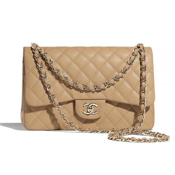 Chanel Women Large Classic Handbag in Grained Calfskin Leather-Sandy (1)