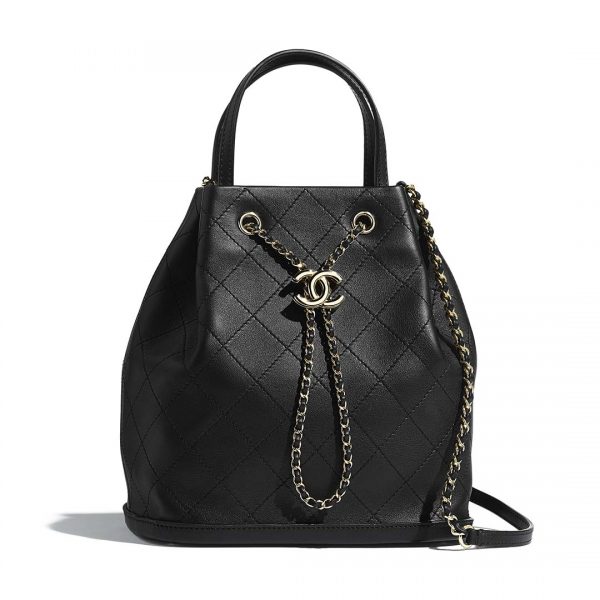 Chanel Women Large Drawstring Bag in Calfskin Leather-Black