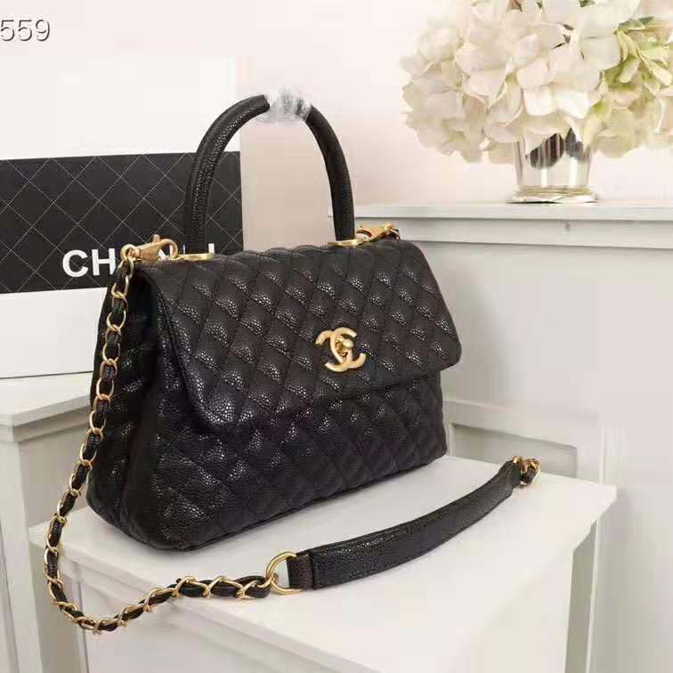 Chanel Women Large Flap Bag with Top Handle in Grained Calfskin