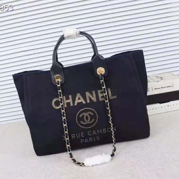 Chanel Women Large Shopping Bag in Mixed Fibers and Lurex Canvas-Navy (2)