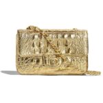 Chanel Women Mini Flap Bag in Metallic Crocodile Embossed Calfskin Leather-Gold
