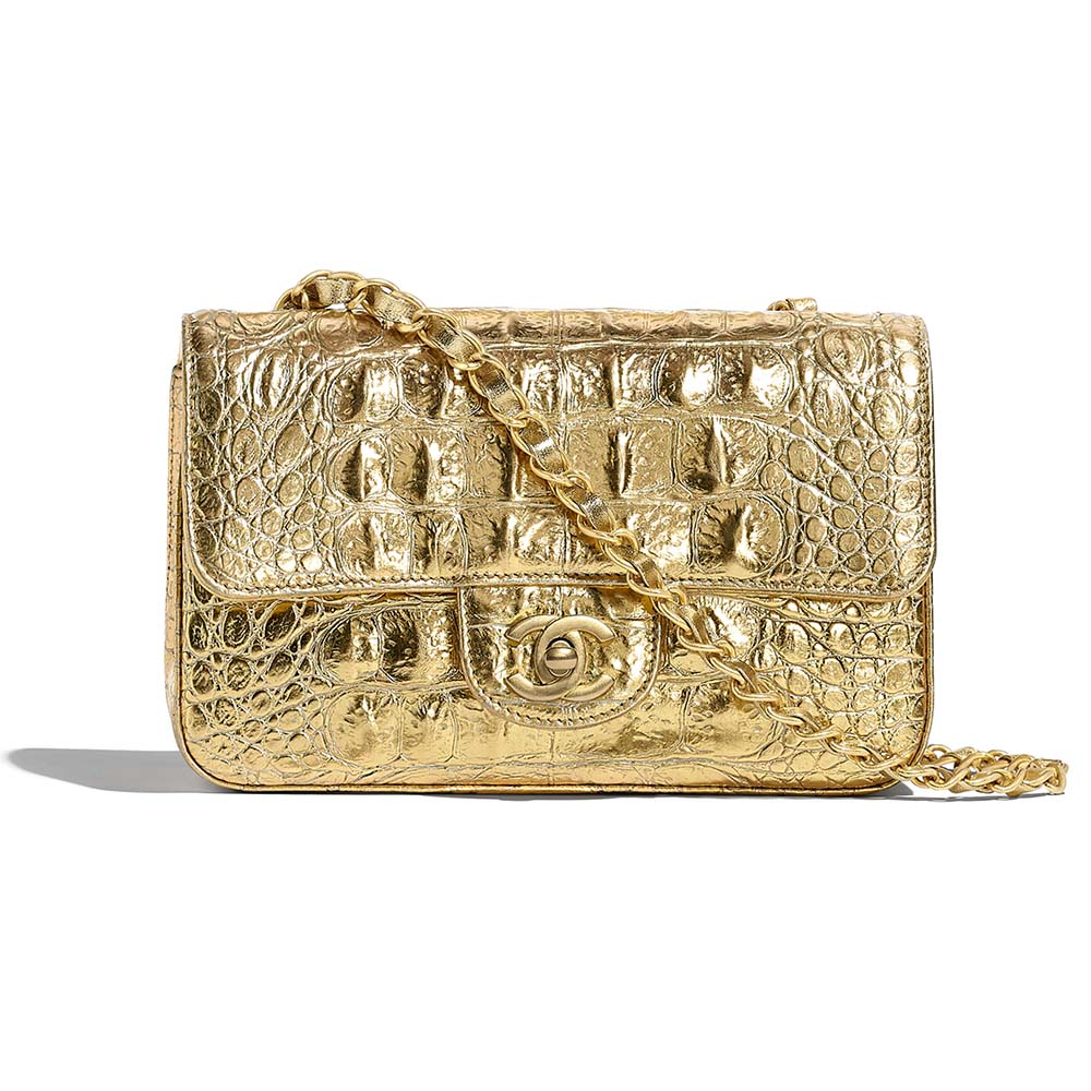 Chanel Flap Bag Metallic Crocodile Emobssed Calfskin Gold-tone