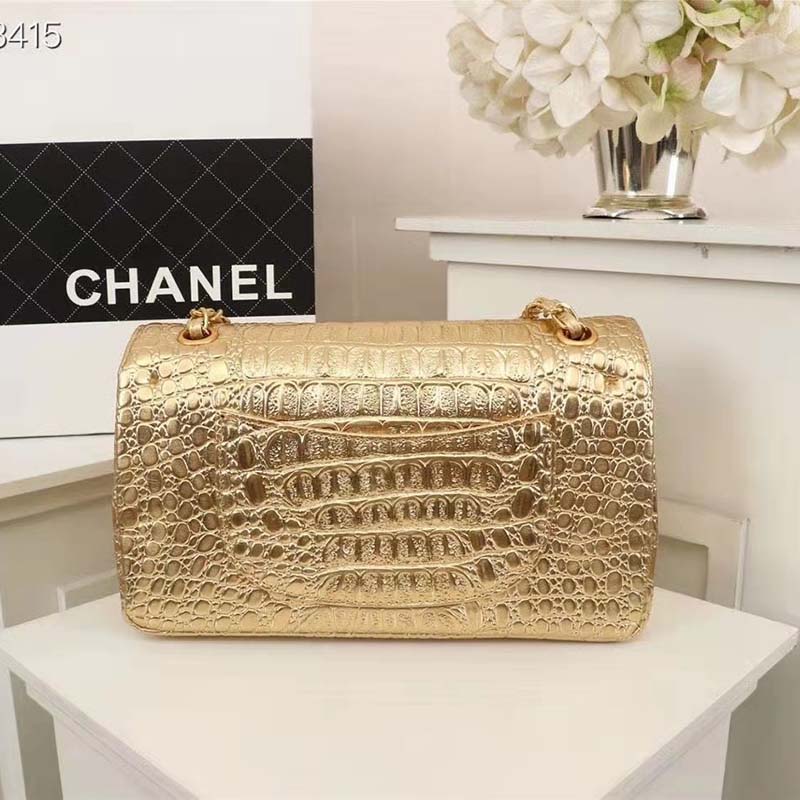 Chanel Classic Double Flap Bag Crocodile Embossed Metallic Calfskin Medium  Gold 18086598