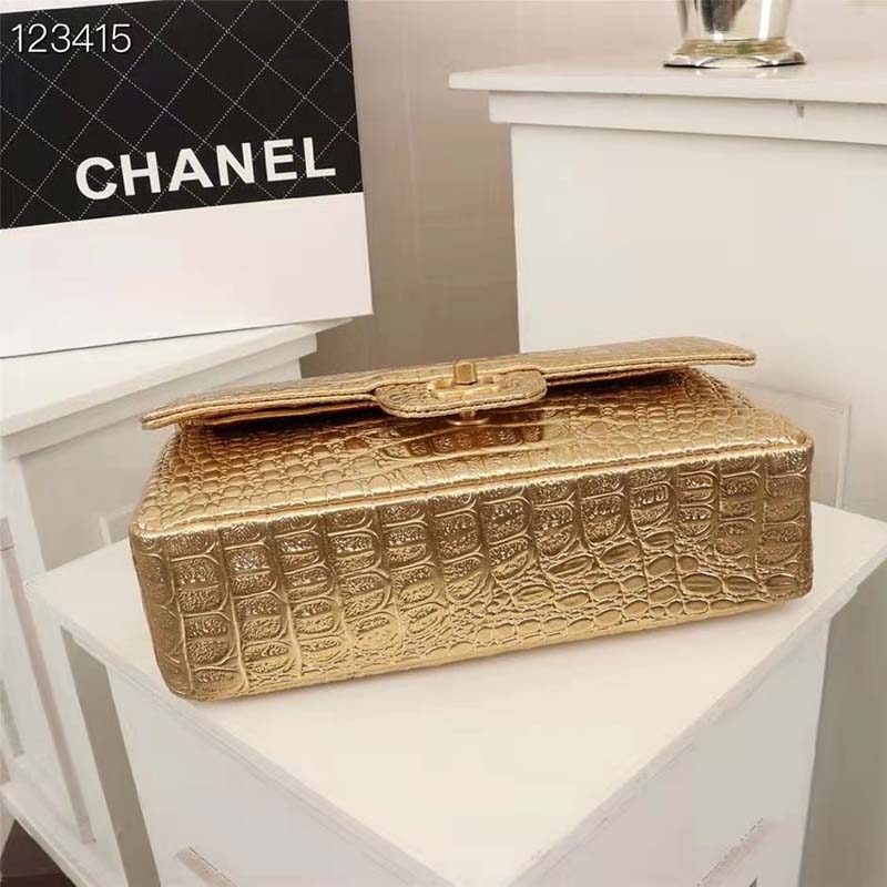 Chanel Classic Single Flap Bag Crocodile Embossed Metallic Calfskin Mini  Gold 176183179