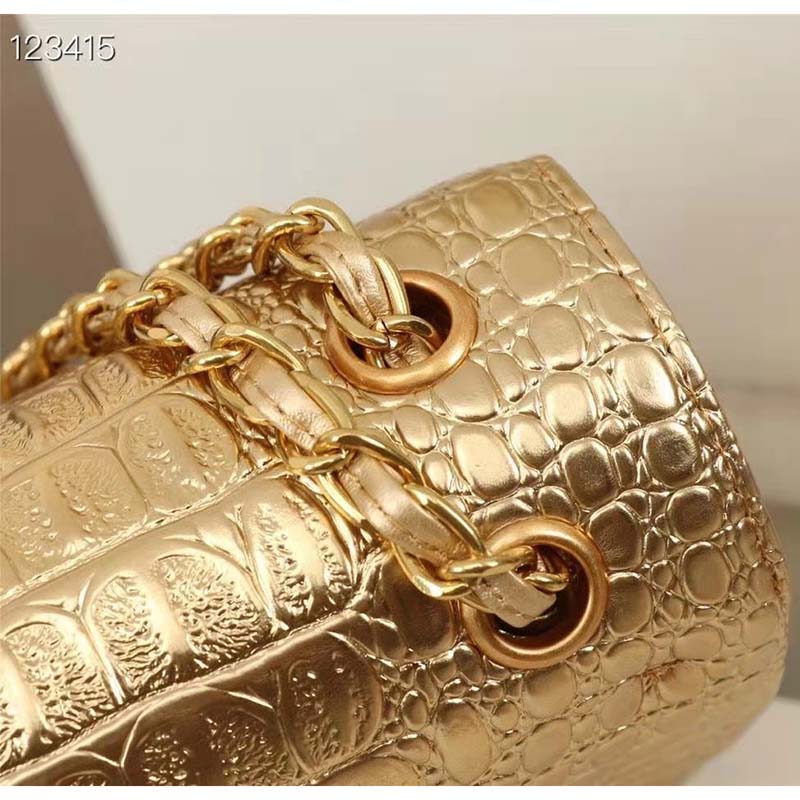 Chanel Women Mini Flap Bag in Metallic Crocodile Embossed Calfskin Leather- Gold - LULUX