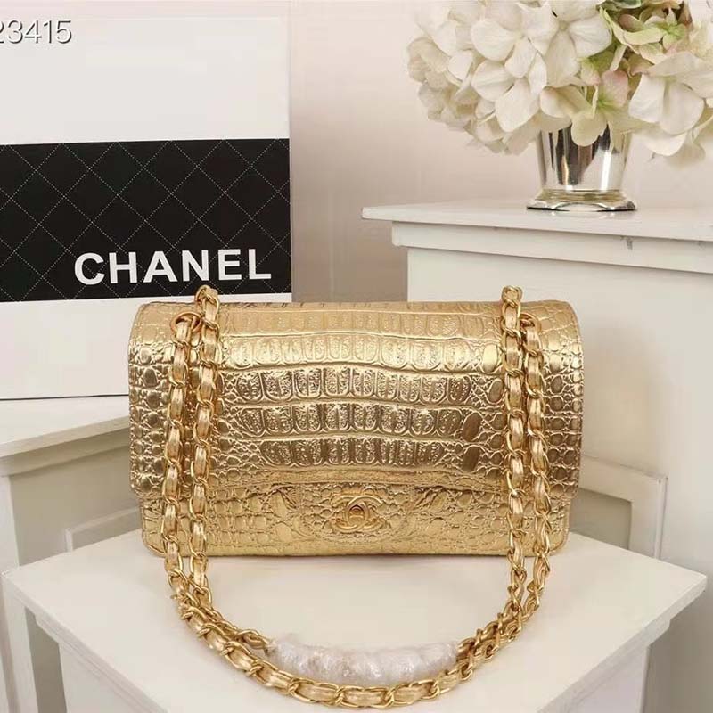 Chanel Flap Bag Metallic Crocodile Emobssed Calfskin Gold-tone