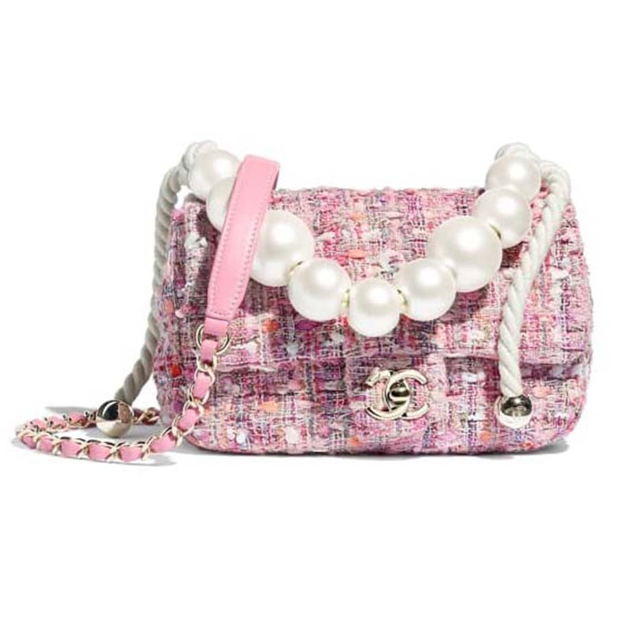 Chanel Women Shoulder Flap Bag Tweed Metal Chain Faux Pearl-Pink - LULUX