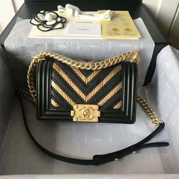 Chanel Women Small Boy Chanel Handbag in Metallic Lambskin Leather-Black and Gold (2)
