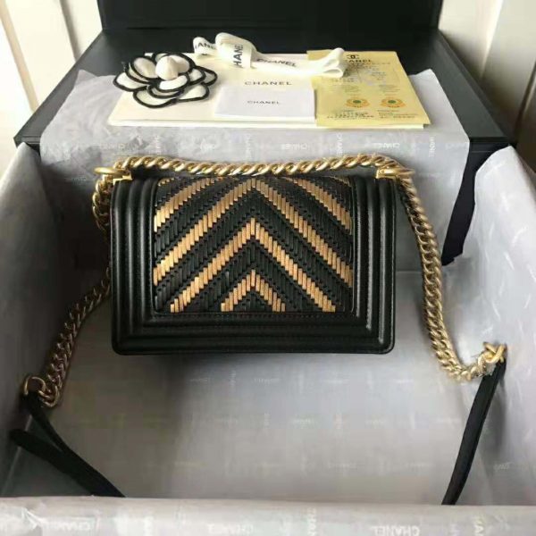 Chanel Women Small Boy Chanel Handbag in Metallic Lambskin Leather-Black and Gold (4)