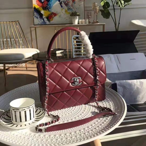 Chanel Women Small Flap Bag with Top Handle in Lambskin Leather-Maroon (2)
