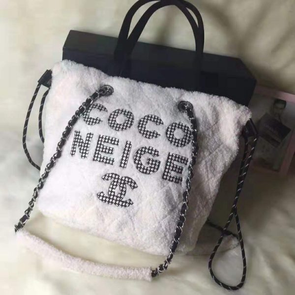 Chanel Women Small Shopping Bag in Shearling Sheepskin Leather-White (2)