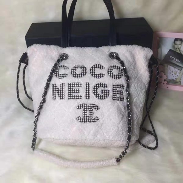 Chanel Women Small Shopping Bag in Shearling Sheepskin Leather-White (3)