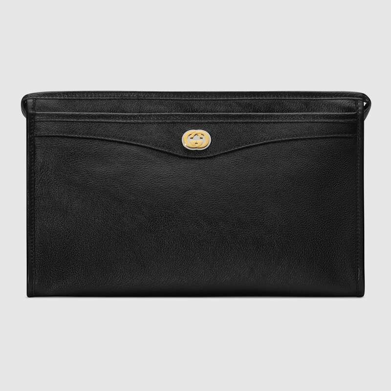 Gucci GG Men Pouch with Interlocking Bag in Black Soft Leather - LULUX