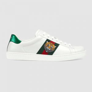 Gucci Men Ace Embroidered Sneaker with Embroidered Tiger Appliqué-White