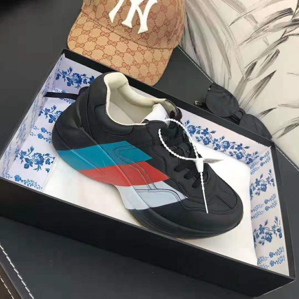 Gucci Men Rhyton Web Print Leather Sneaker in 5.1 cm Height-Black (6)
