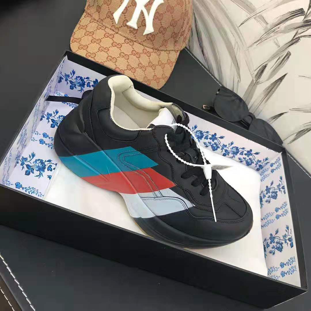 Gucci Men Rhyton Web Print Leather Sneaker in 5.1 cm Height-Black - LULUX