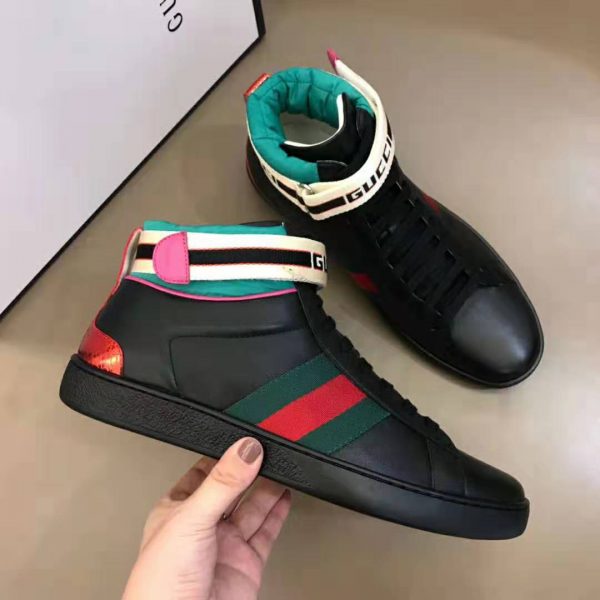 Gucci Unisex Ace Gucci Stripe High-Top Sneaker in 5.1 cm Height-Black (5)