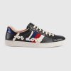 Gucci Men Ace Embroidered Sneaker Shoes in Leather with Sylvie Web-Black