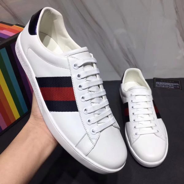 Gucci Men Ace Low-top Sneaker Shoes in Leather with Web-Navy - LULUX