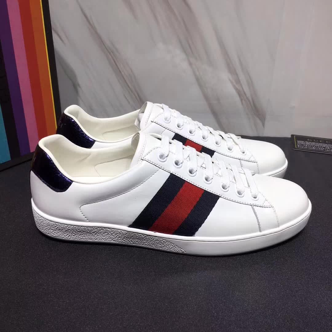 Gucci Men Ace Low Top Sneaker Shoes In Leather With Web Navy Lulux