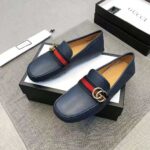 Gucci Men Leather Driver with Web-Navy - Bild 5