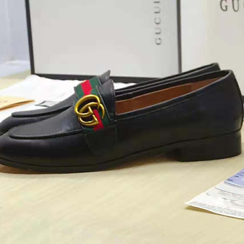 Gucci Men Leather Loafer with GG Web Shoes-Black - LULUX