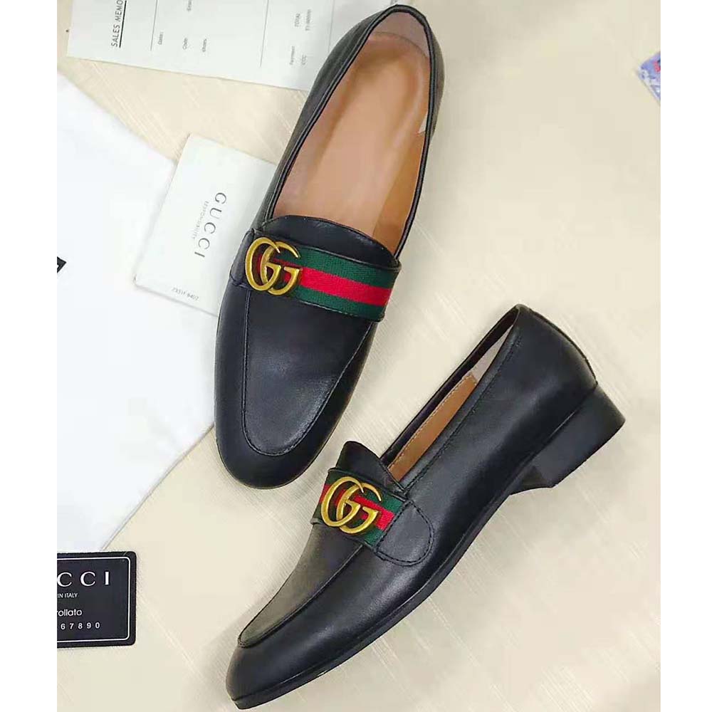 Gucci Men Leather Loafer with GG Web Shoes-Black - LULUX