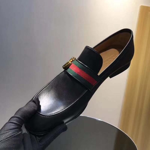 Gucci Men Leather Loafer with GG Web Shoes-Black - LULUX