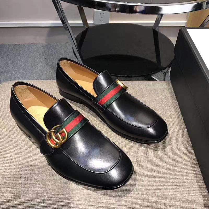 Gucci Men Leather Loafer with GG Web Shoes-Black - LULUX