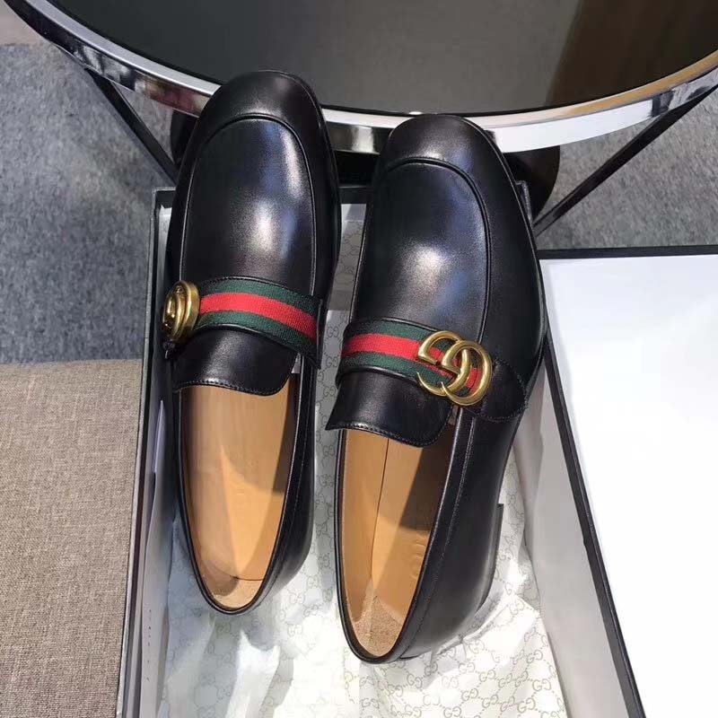 Gucci Men Leather Loafer with GG Web Shoes-Black - LULUX