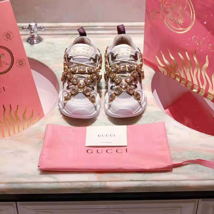 Gucci Women Flashtrek Sneaker with Removable Crystals 5.6cm Height-White