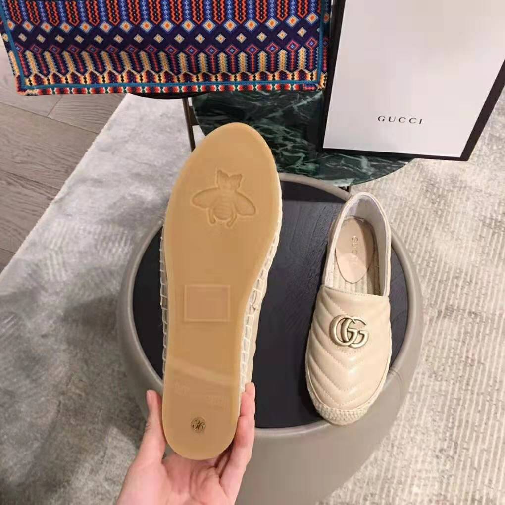 Gucci Women Leather Espadrille with Double G in Matelassé Chevron Leather-Sandy