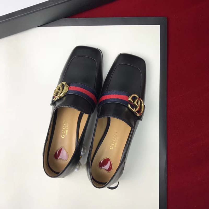 Gucci Women Leather Mid-Heel Loafer with Blue and Red Web-Black