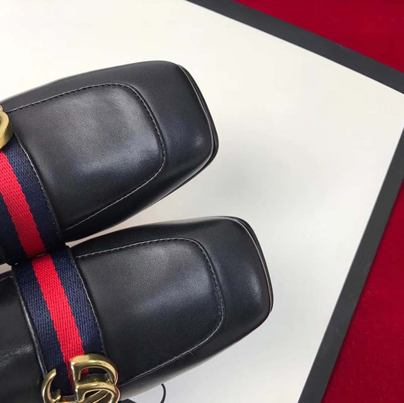 Gucci Women Leather Mid-Heel Loafer with Blue and Red Web-Black