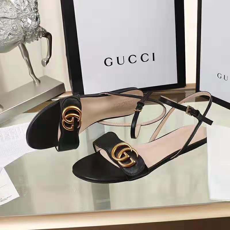 Gucci Women Leather Sandal with Double G-Black - LULUX