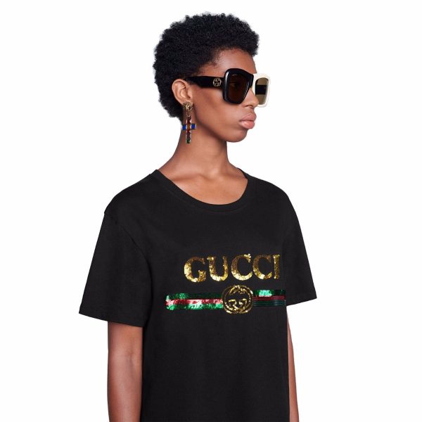 Gucci Women Oversize T-Shirt with Sequin Gucci Logo-Black - LULUX