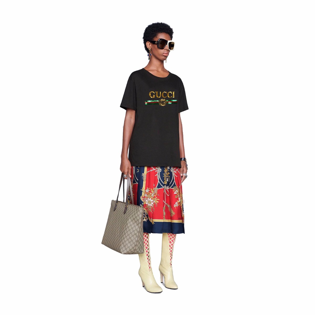 Gucci Women Oversize T-Shirt with Sequin Gucci Logo-Black