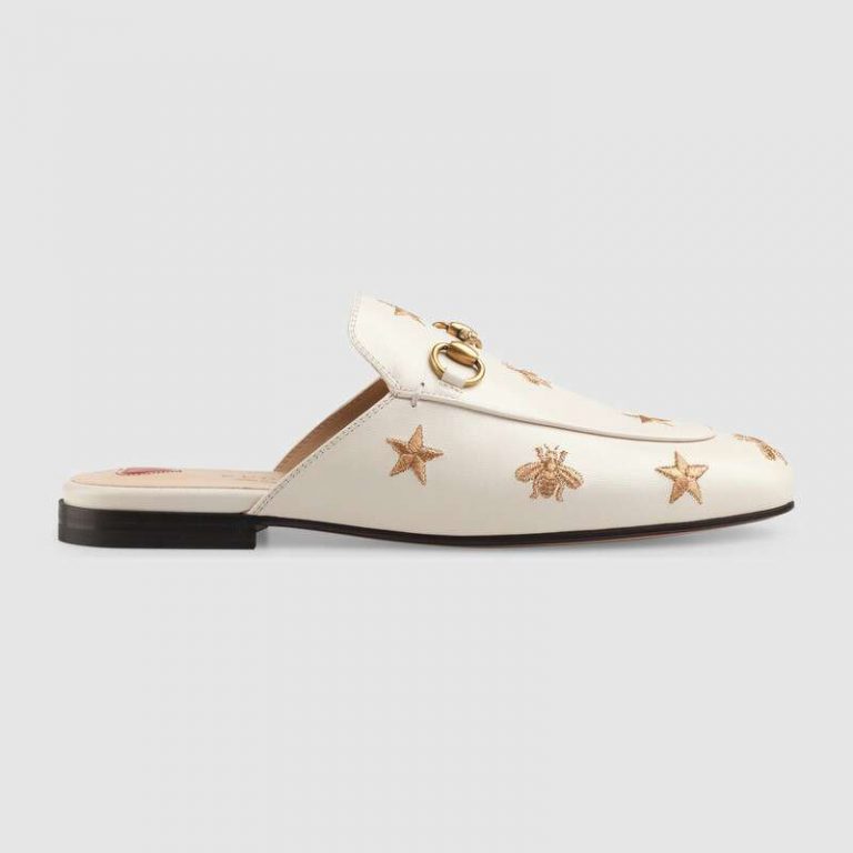 Gucci Women Princetown Embroidered Leather Slipper 1.27cm Heel-White - LULUX