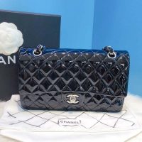 Chanel Women CF Flap Bag in Diamond Pattern Patent Calfskin Leather-Black