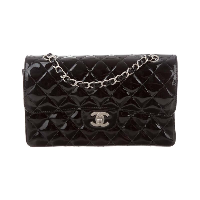 Bolso con solapa Chanel CF para mujer en piel de becerro charol con estampado de rombos, color negro
