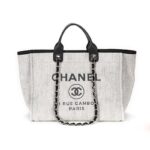 Borsa shopping Chanel Deanville da donna, modello Mummy Bag, in tela e pelle, colore grigio