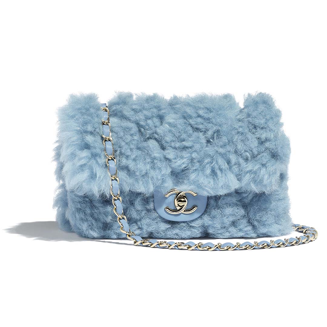Chanel Women Flap Bag in Shearling Lambskin Leather-Blue - LULUX
